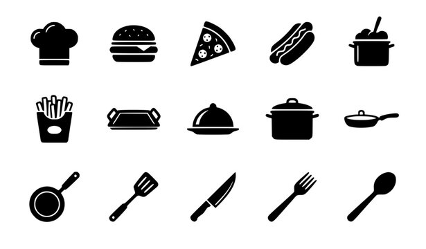 Fast food and kitchen utensils black solid icon set featuring chef hat burger pizza hot dog french fries cloche pots pans spatula knife fork and spoon vector