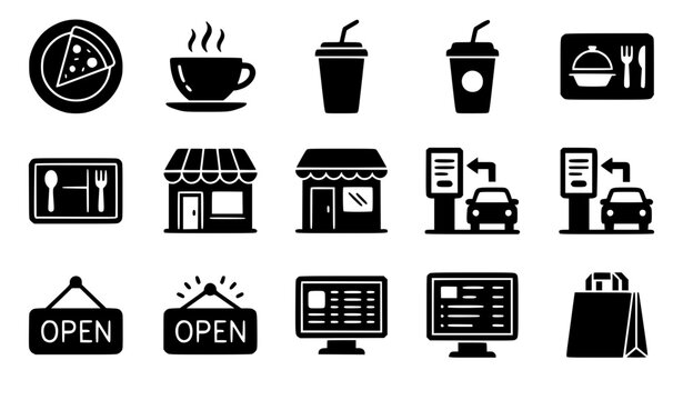 Restaurant and cafe black solid icon set featuring pizza coffee cup soda drink shop building drive thru open sign computer monitor display and takeout shopping bag vector