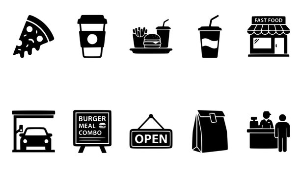 Fast food and restaurant black solid icon set featuring pizza slice coffee cup combo meal store front drive thru menu board open sign paper bag cashier counter vector