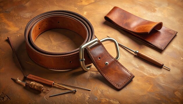 Leather belt and accessories on table.
