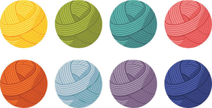 Colorful yarn ball vector icon set featuring multicolored wool skein threads isolated on a plain white background for handicraft designColorful yarn ball vector icon set featuring multicolored wool sk