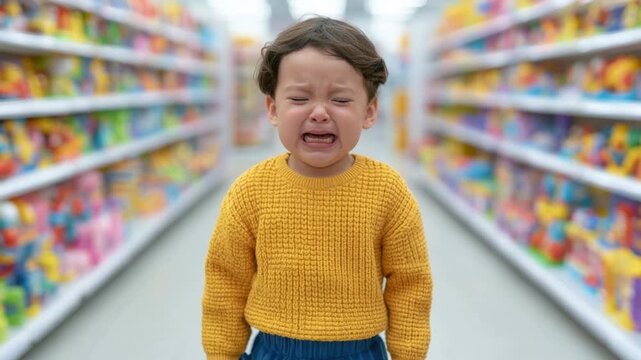 Upset young child crying in grocery store aisle wearing yellow sweater surrounded by colorful packaged goods on shelves in bright environment