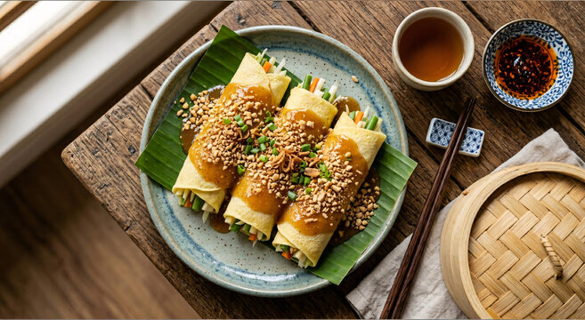 Fresh Filipino vegetable lumpia rolls topped with peanut sauce, crushed peanuts, scallions, and crispy garlic