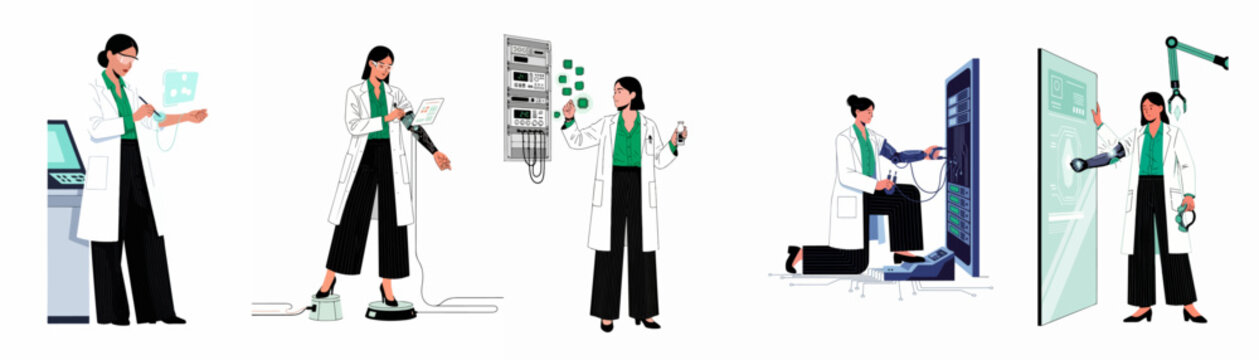 Set of illustrations featuring female engineers and scientists experimenting with futuristic tech, bionic prosthetics, robotic arms, and data servers in a lab environment.