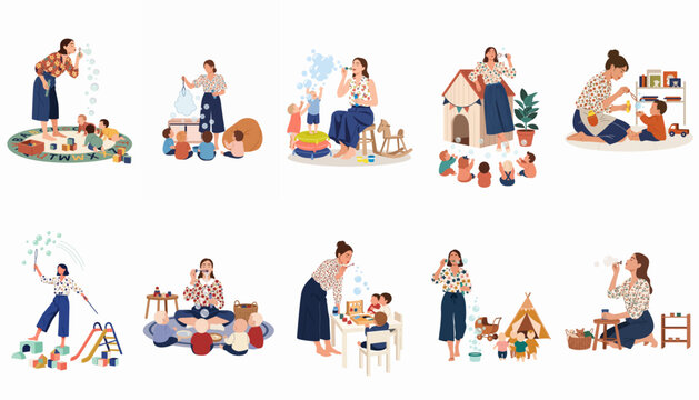A collection of illustrations showing a nursery teacher blowing soap bubbles and engaging with toddlers in various educational and play activities.