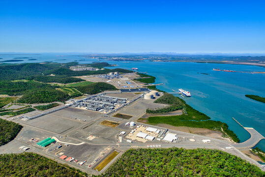 Aerial view of a coastal industrial complex of Liquified natural gas plants on Curtis Island