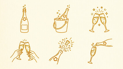 Golden line art champagne icons featuring celebratory bottles and glasses for festive event design and luxury party branding graphic elements on a light background. © SWEET