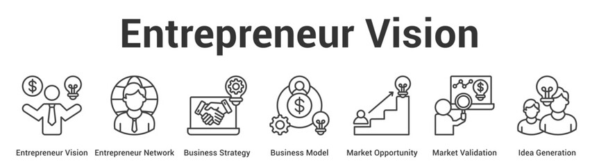 Fototapeta premium Entrepreneur Vision web banner icon vector illustration concept for business with icon of Entrepreneur Vision, Entrepreneur Network, Business Strategy, Business Model, Market Opportunity, Market.