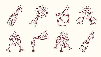 Elegant hand drawn dark red champagne and toast line art icon set featuring festive bubbles and celebration elements for holiday events isolated on light beige background vector. © SWEET