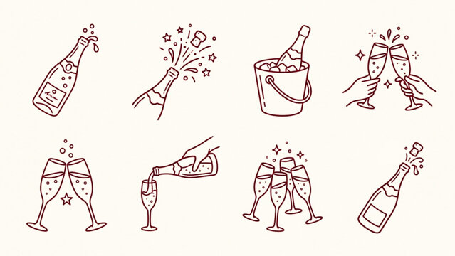 Elegant hand drawn dark red champagne and toast line art icon set featuring festive bubbles and celebration elements for holiday events isolated on light beige background vector.