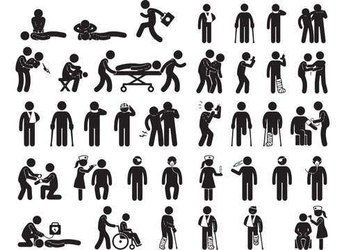Medical emergency and first aid icons set, black stick figure pictograms of injured people and healthcare workers, hospital patient care vector collection