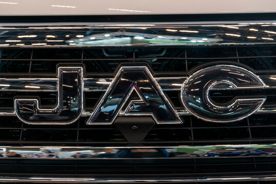 JAC logo on the front of a vehicle at an exhibition showing its design and brand identity,A JAC car in Minsk, Belarus, June 18, 2026.