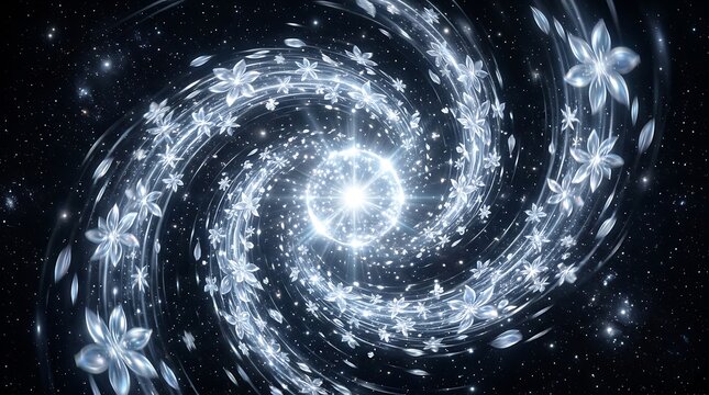 Radiant glowing white flowers swirl in a dynamic spiral motion around a brilliant central sphere of pure light against a dark mysterious deep space background