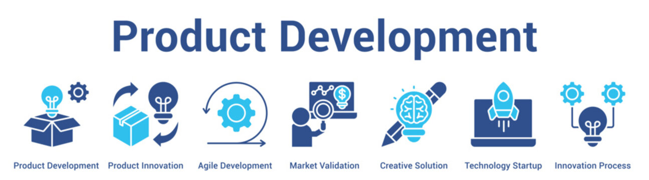 Product Development web banner icon set vector illustration concept for business with icon of Product Development, Product Innovation, Agile Development, Market Validation, Creative Solution, Technol.