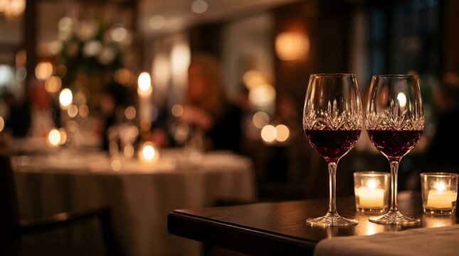 Two crystal glasses of red wine on a wooden table in a romantic restaurant