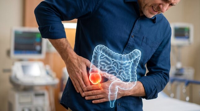 Man suffering from acute appendicitis pain with holographic intestine anatomy overlay. Male patient grimacing and holding painful lower right abdomen, medical emergency diagnostics