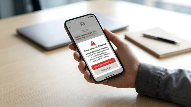Smartphone displays phishing alert for suspicious link