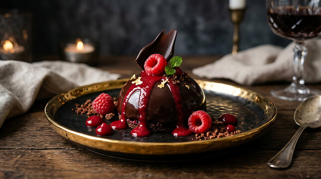 Decadent chocolate dome dessert with raspberry coulis and fresh berries on rustic dinner table chocolate raspberry restaurant atmosphere romantic culinary