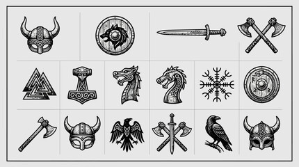 Collection of Hand Drawn Viking Symbols and Norse Mythology Icons Including Helmets, Axes, Swords, Shields, Thor's Hammer Mjolnir, Valknut, and Vegvisir in a Stippled Black and White Tattoo Style. © Ayong