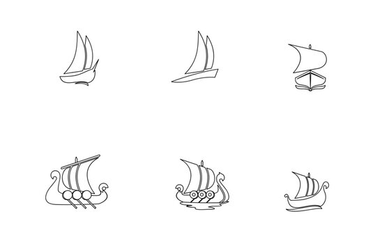 Set of Various Boat and Ship Line Art Icons - Simple Hand-Drawn Illustrations of Sailboats, Traditional Vessels, and Viking Longships