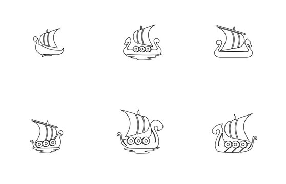 Viking Ship Outline Icons Set, Vector Illustrations of Ancient Longships