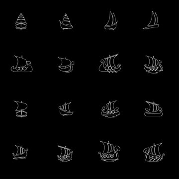 Minimalist White Line Art Ship Icons Collection. Sailing Boats, Viking Longships, and Ancient Vessels on Black Background.