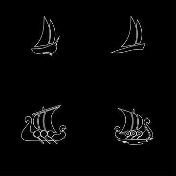 Collection of minimalist line art sailboat and Viking ship icons, illustrating modern yachting and ancient longboat designs for maritime themes.