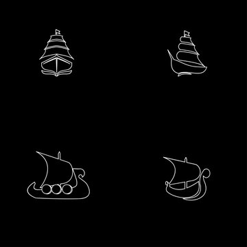 Line Art Ships Set: Sailboat, Tall Ship, Viking Boat, and Ancient Vessel Illustrations on Black Background