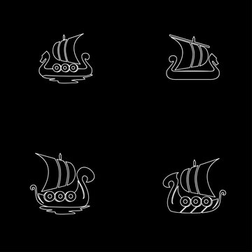 Viking Longship Line Art Icon Set. Set of Ancient Norse Boats with Sails, Shields, and Dragon Heads, Illustrating Medieval Sea Voyages.