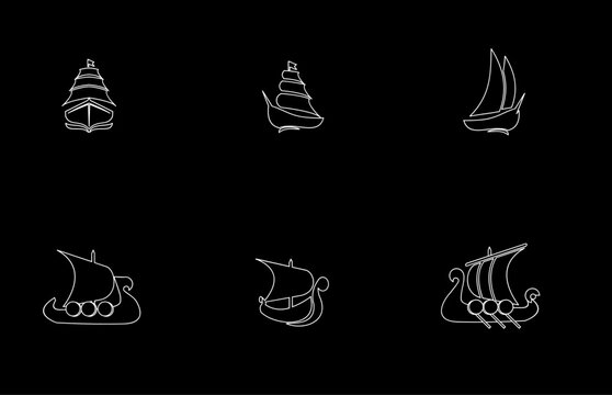 Line Art Ship and Boat Icons Collection: Historical Sailing Vessels, Galleons, and Viking Longships Outline Drawings