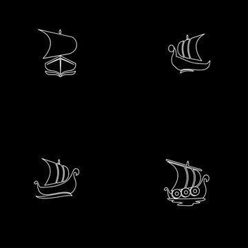 Four White Outline Ships Icons Set. Simple Line Art Sailboat and Longship Illustrations on Black Background.