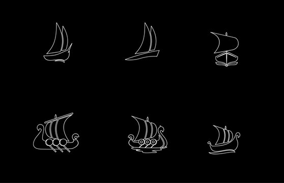 Set of various boat and ship line art icons, featuring modern sailboats and historical Viking longships, isolated on a black background