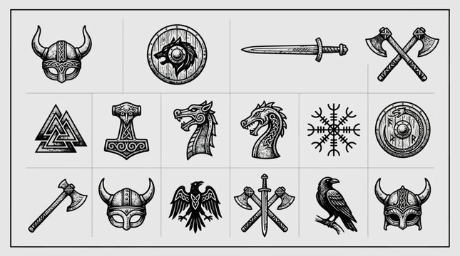 Collection of Hand Drawn Viking Symbols and Norse Mythology Icons Including Helmets, Axes, Swords, Shields, Thor's Hammer Mjolnir, Valknut, and Vegvisir in a Stippled Black and White Tattoo Style.