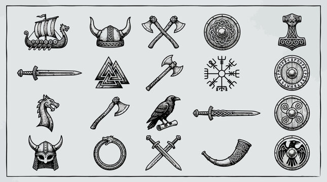 Collection of Hand Drawn Viking Icons and Norse Mythology Symbols in Stippled Engraving Style Featuring Longship, Horned Helmet, Battle Axes, Shields, Mjolnir, Raven, Valknut and Rune Compass Design