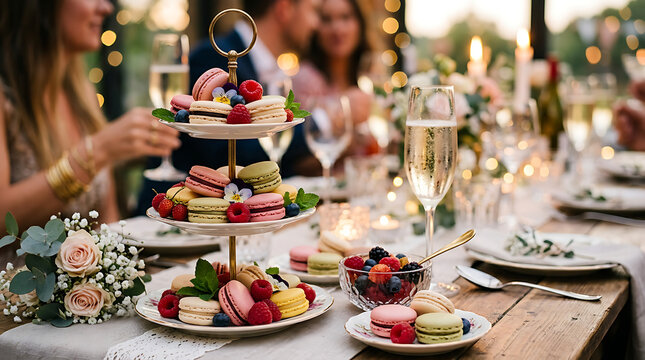 Three tier dessert stand with colorful french macarons and fresh berries at outdoor garden party macarons colorful celebration catering lifestyle biscuits
