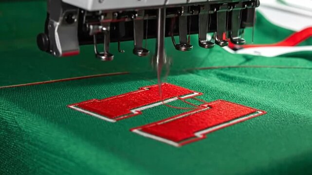 Industrial machine stitching red shapes onto green fabric material