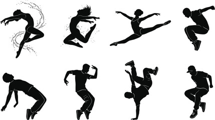 Dynamic Dance Silhouette Vector Set Featuring Hip Hop Breakdancers, Ballet Dancers, and Contemporary Performers in Action Poses for Creative Design Projects © SUMON