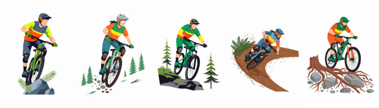 A set of five flat vector illustrations featuring mountain bikers navigating diverse forest trails, rocky terrains, and sharp downhill corners.