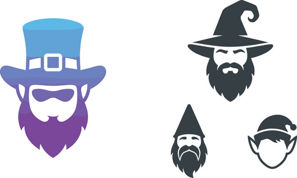 Fantasy Character Avatar Vector Set Featuring Bearded Wizard Leprechaun Garden Gnome and Elf Icons for Gaming Mascot and Graphic Logo Designs