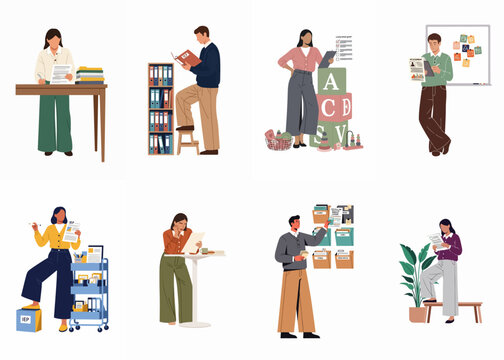 Set of diverse educators and administrators managing IEP documents, student assessments, and educational resources for individualized student learning and classroom organization.