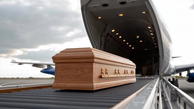 Wooden coffin being loaded onto airplane luggage conveyor belt for air transport at airport with overcast sky and runway in background