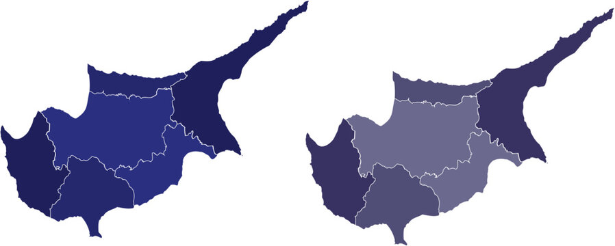 Cyprus blue and violet map set with regional district borders