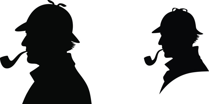 Sherlock Holmes profile vector silhouette icon set featuring classic detective smoking a pipe isolated on white backgroundSherlock Holmes profile vector silhouette icon set featuring classic detective