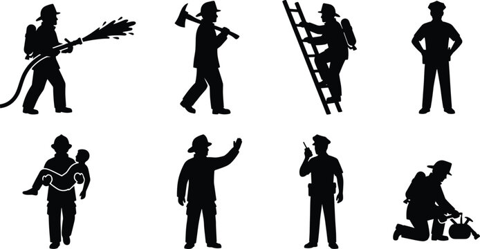 Emergency service silhouettes of firefighters and police officers performing rescue, safety, and protection roles
