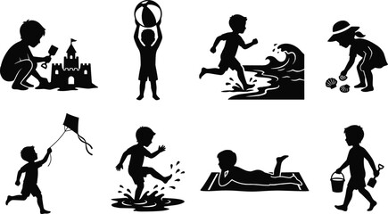Obraz premium Kids Summer Activities Silhouette Collection with Outdoor Play and Beach Fun Scenes
