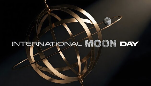 International moon day with armillary sphere and moon on dark background