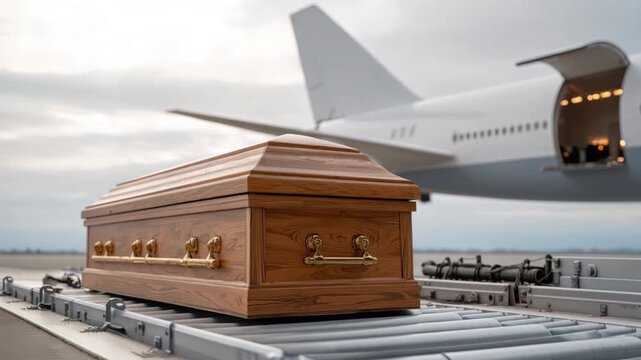 Wooden coffin with brass handles on airport luggage conveyor belt ready for air transport in overcast weather condition