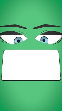 Cartoon blue eyes peering down at a blank white text box on green, perfect template animation for captions, callouts and social media marketing content.