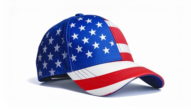 A baseball cap with American flag design, symbolizing patriotism, casual style, and national pride through stars and stripes pattern.