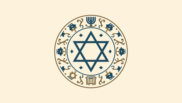 Ornate circular Jewish emblem featuring a Star of David, menorah, and Torah scroll on a light background, representing faith and heritage.